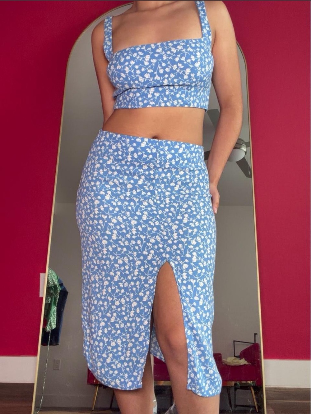 Reformation Blue and White Floral Skirt Set